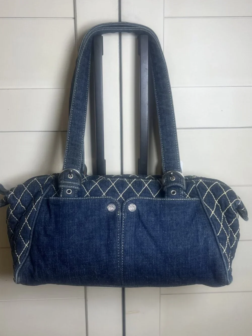 VERA BRADLEY Denim Quilted Stitch Shoulder DOUBLE HANDLE Bag Satchel Retro